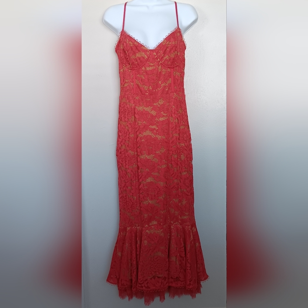 V. Chapman Red Naomi Lace Corset-Style Bodice Midi Dress Sz 10